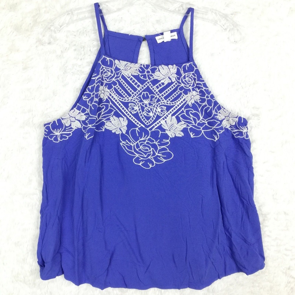 Love On A Hanger Womens Top Tank Embroidered Blue Floral Sleeveless M‎ New